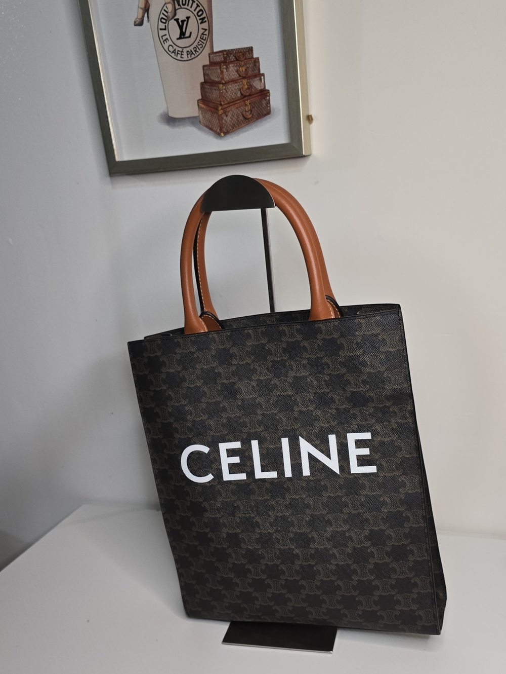 Celine Brown Logo Canvas Tote with Tan Handles